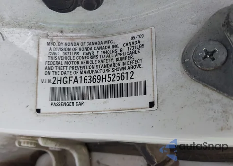 2009 Honda Civic Vp z USA, uszkodzony, nr VIN 2HGFA16369H526612